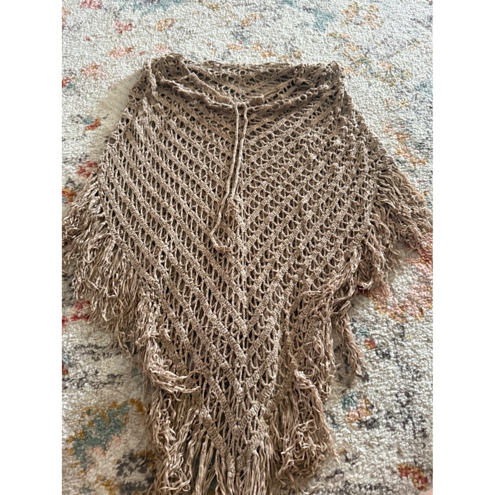 Hazel Tan Crochet Fringed Poncho Open Knit Boho Festival Wrap One Size